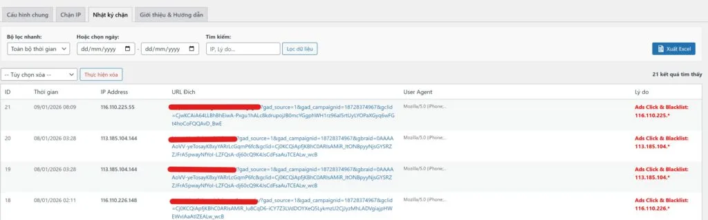 Logs th&ocirc;ng b&aacute;o chặn IP