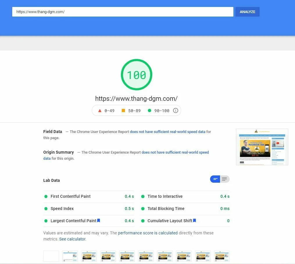 Website được tối ưu tốc độ load thực cũng như điểm chất lượng Google đ&aacute;nh gi&aacute; theo thuật to&aacute;n mới đạt điểm tuyệt đối