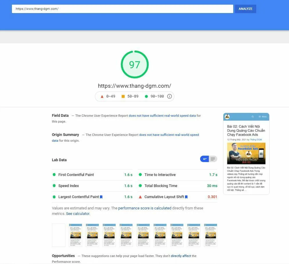 Với c&ocirc;ng nghệ về server v&agrave; c&ocirc;ng nghệ tối ưu website mới nhất, website đạt điểm số Google Page Speed gần tuyệt đối